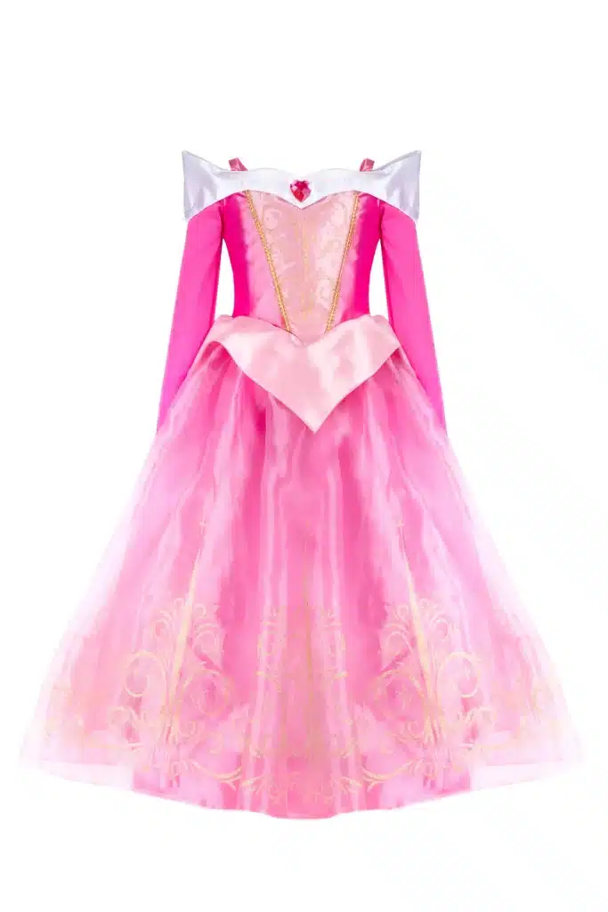 Fuchsia doornroosje prinsessenjurk met witte kraag, roze lijfje, gouden bies en sierlijke details op de tule rok.