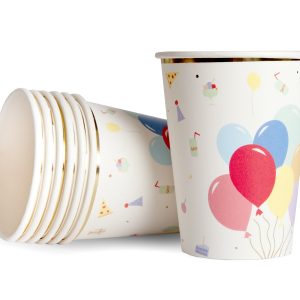 Happy Birthday papieren bekers met kleurrijke ballonnen en feestillustraties, één rechtop en meerdere liggend