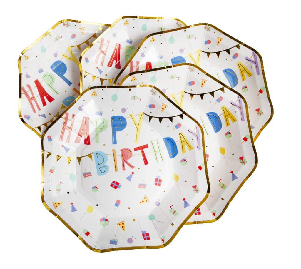 Happy Birthday partybordjes met kleurrijke feestillustraties en goudkleurige rand, verpakt als set van acht stuks