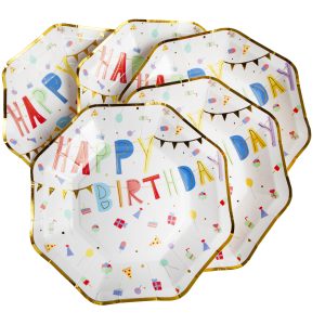 Happy Birthday partybordjes met kleurrijke feestillustraties en goudkleurige rand, verpakt als set van acht stuks