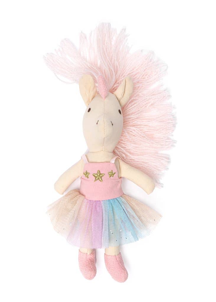 Lily the Unicorn knuffel van Great Pretenders met roze manen, een roze top met gouden sterren en een pastelkleurige tutu.