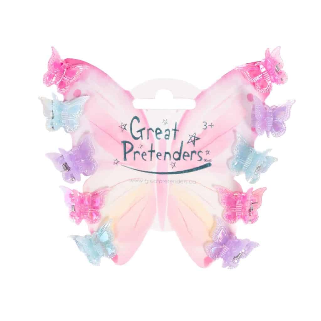 Set van 10 kleurrijke vlinder haarclips van Great Pretenders op een roze kaart, met glinsterende vlinders in pastelkleuren.