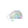 Zilverkleurig tasje kind met kleurrijke regenboogstrepen, afgeronde vorm, rits en lange schouderband.