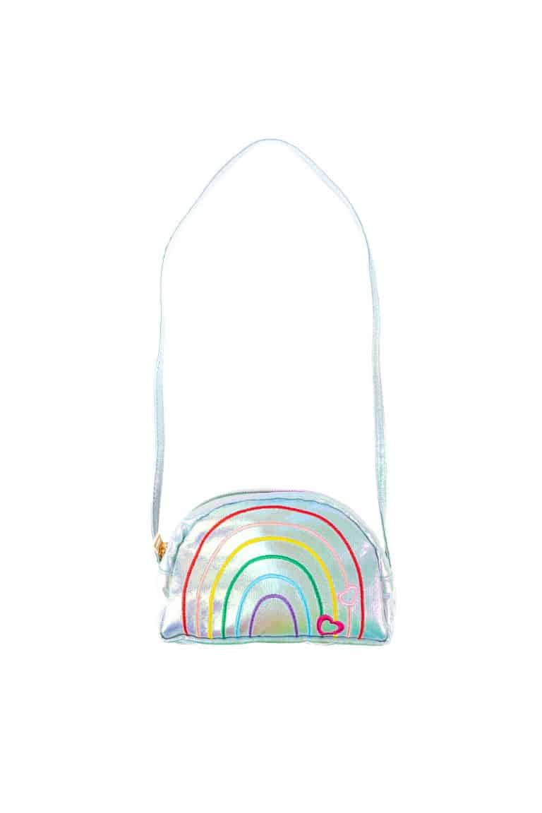 Zilverkleurige meisjes tas van Great Pretenders met regenboogstrepen, hartjes en een lange schouderband.