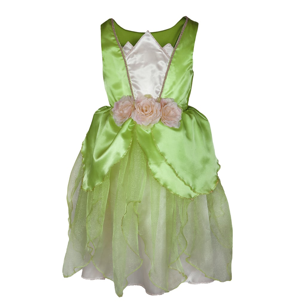 Groene kikkerprinsessenjurk met witte satijnen inzet, bloemversiering in de taille en een gelaagde rok met doorschijnende stof