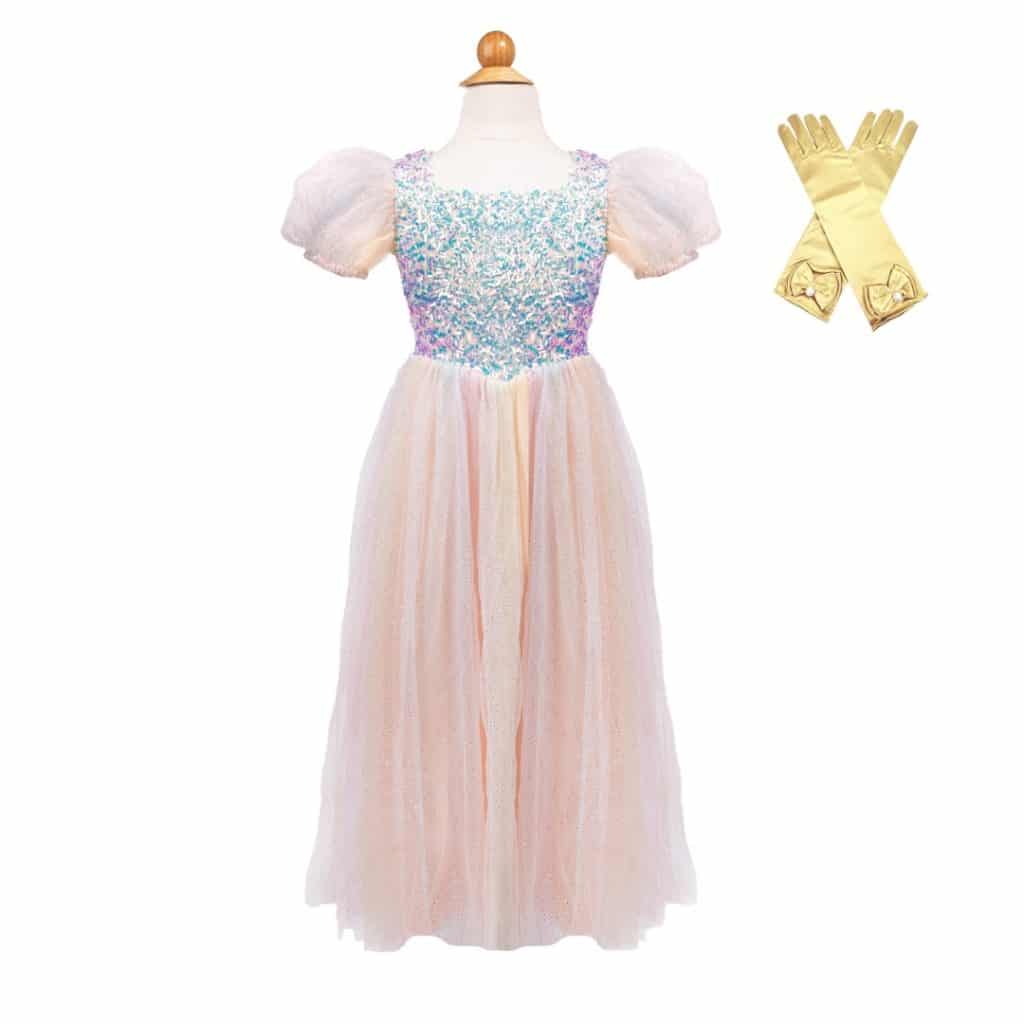 Witte Sparkle prinsessenjurk met pastelglanzend lijfje, roze tule rok, pofmouwen en losse gouden handschoenen