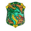 Groen ridder- en drakenschild met een gedetailleerde groene draak, houten look en gele versieringen op witte achtergrond