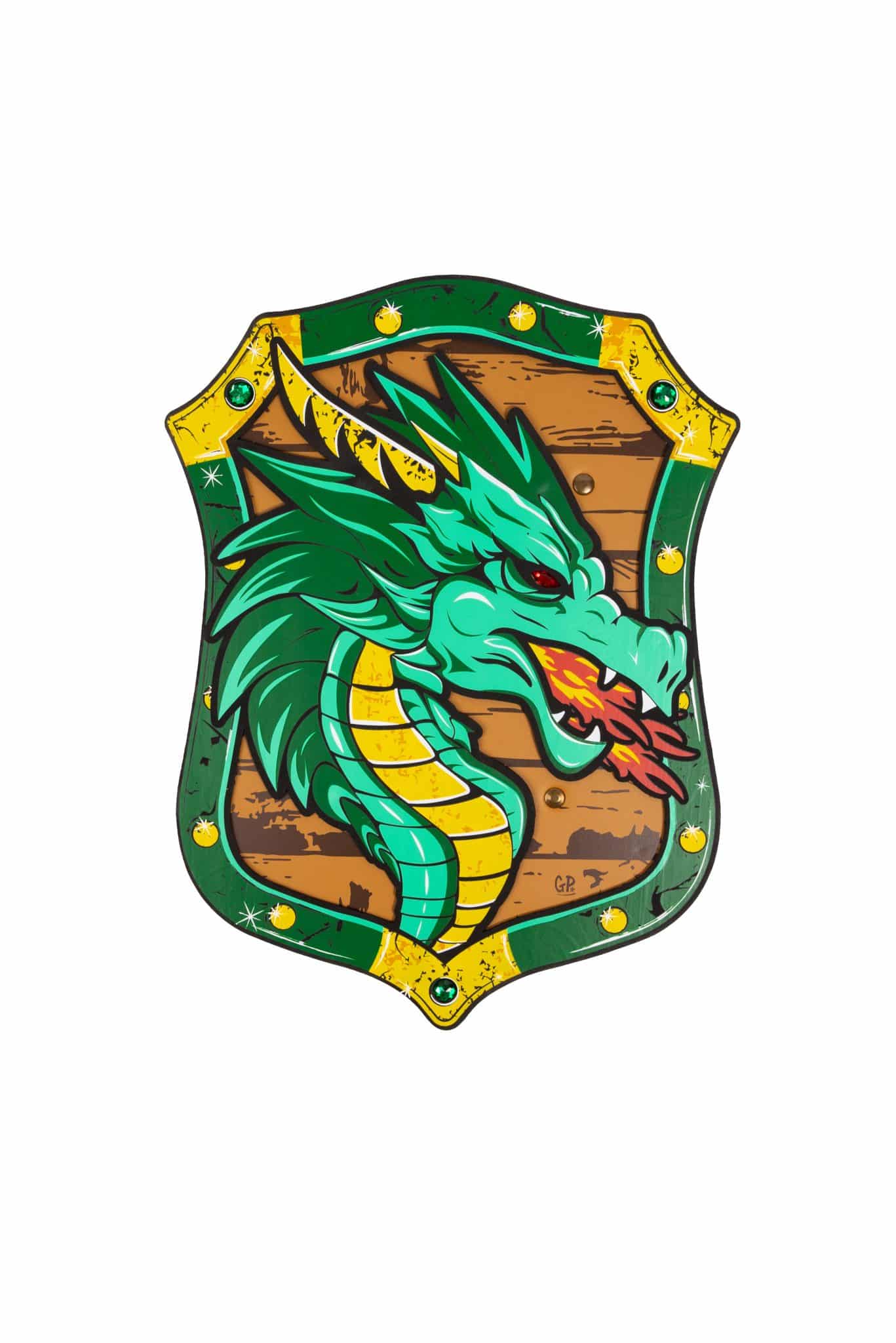 Groen ridder- en drakenschild met een gedetailleerde groene draak, houten look en gele versieringen op witte achtergrond