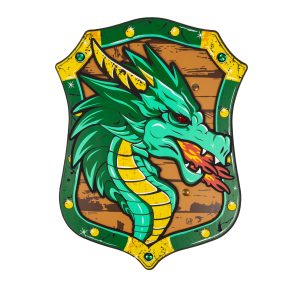 Groen ridder- en drakenschild met een gedetailleerde groene draak, houten look en gele versieringen op witte achtergrond