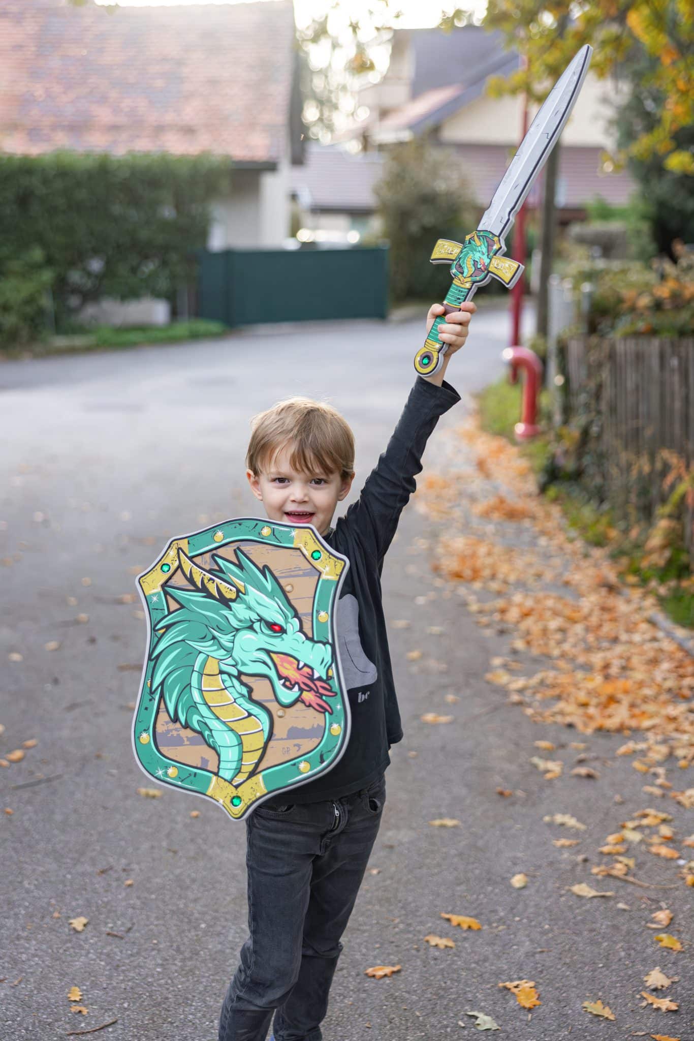Jongen houdt het ridder-draken zwaard omhoog en draagt een ridders schild met een groene draak.