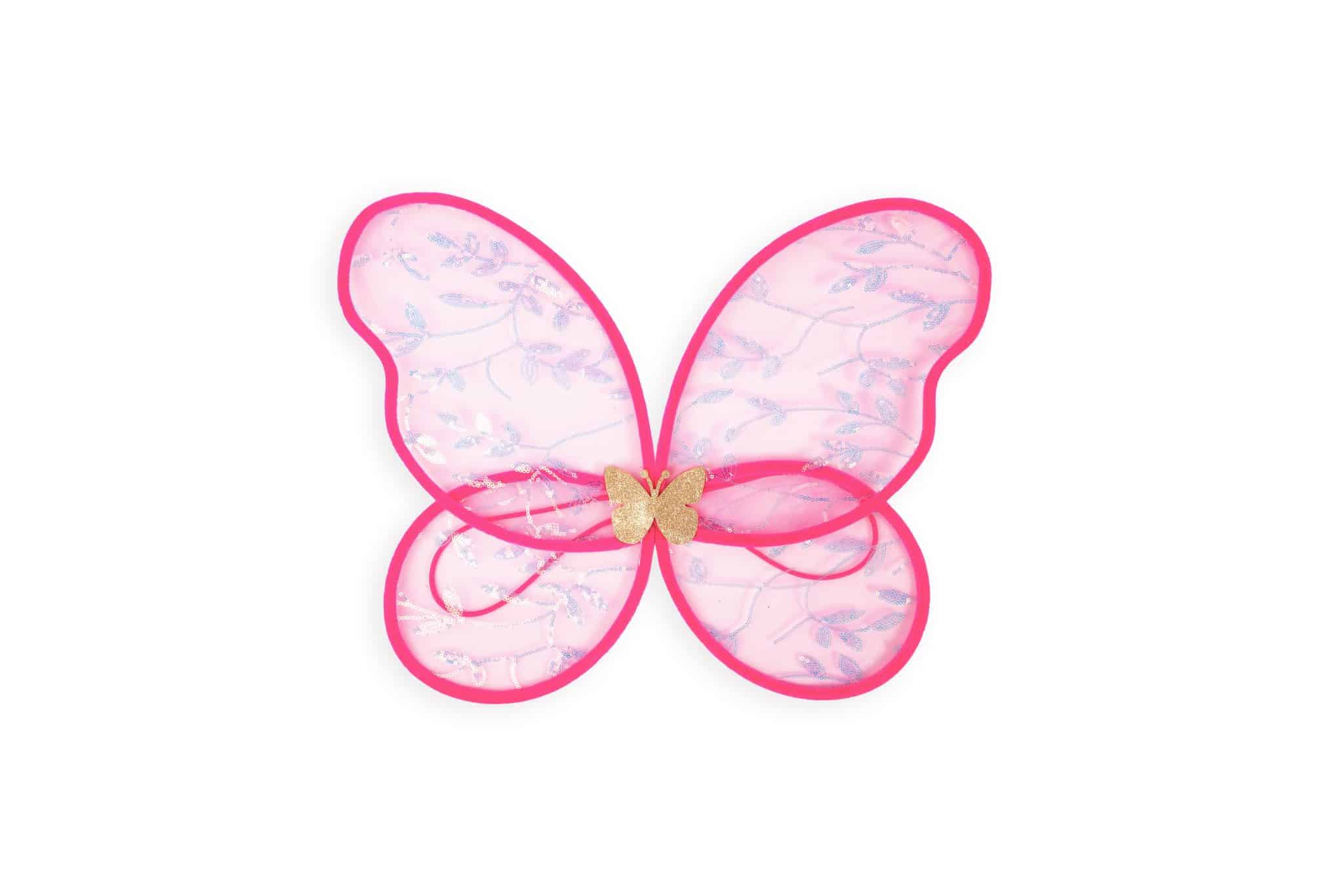 Roze feeënvleugels van Great Pretenders met transparante stof, bladpatronen, glitterdetails en een gouden vlinderaccent.