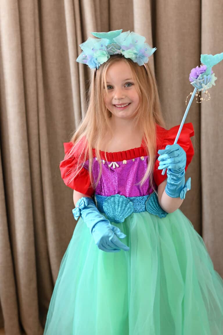 Zeemeerminnen prinsessenjurk turquoise met toverstaf en kroon