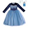 Blauwe Elsa jurk van Lunja met donkerblauw glitterlijfje, lichtblauwe tule rok, tiara en bijpassende accessoires.