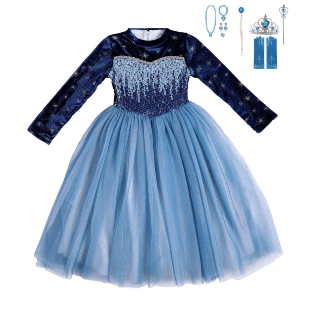 Blauwe Elsa jurk van Lunja met donkerblauw glitterlijfje, lichtblauwe tule rok, tiara en bijpassende accessoires.
