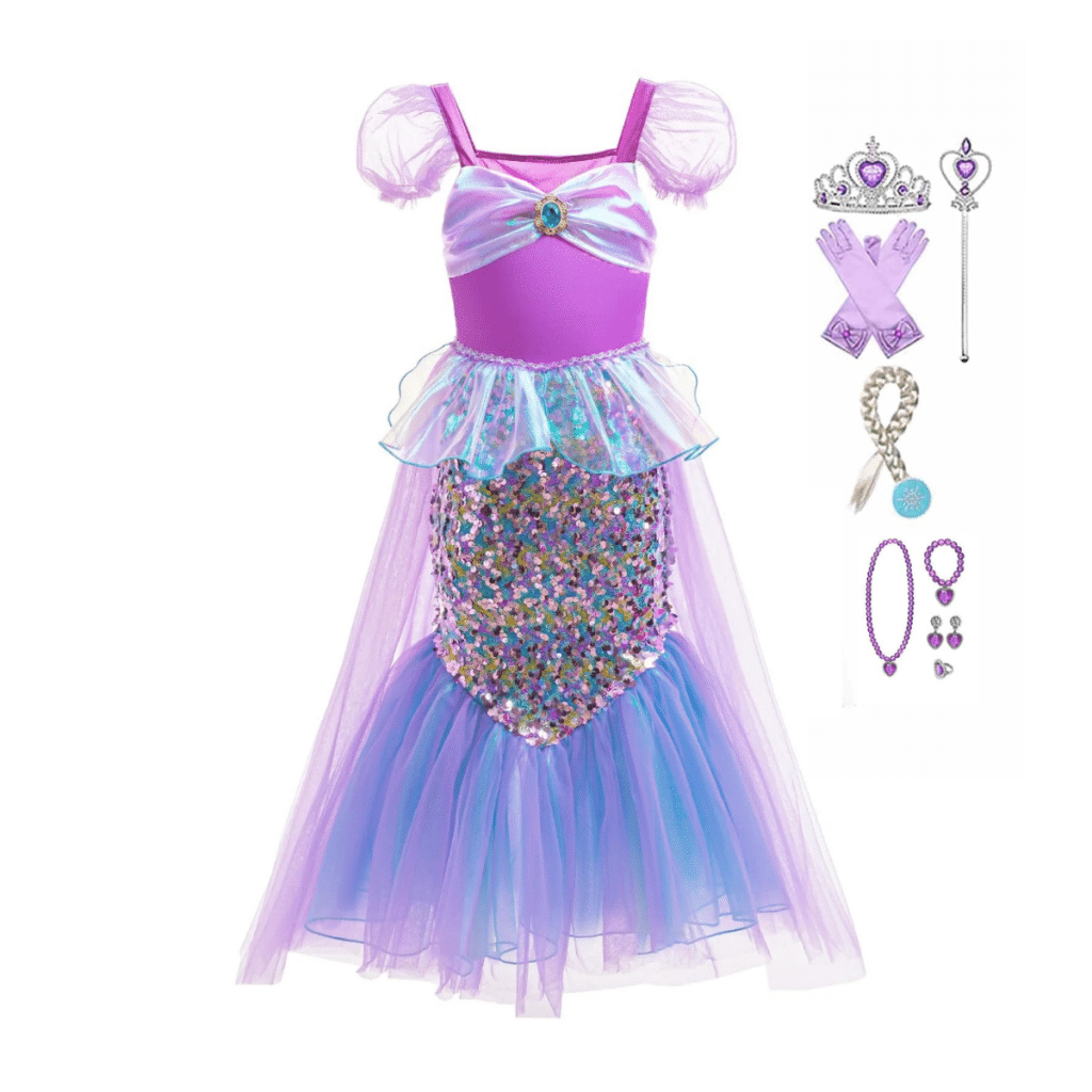 Paarse ariel jurk kind met glinsterende zeemeerminrok en accessoires zoals kroon, handschoenen, staf en sieraden.