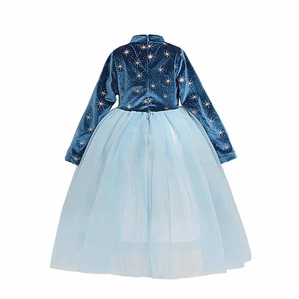 Achterkant van de blauwe Frozen Elsa jurk met donkerblauw glitterlijfje en lichtblauwe tule rok