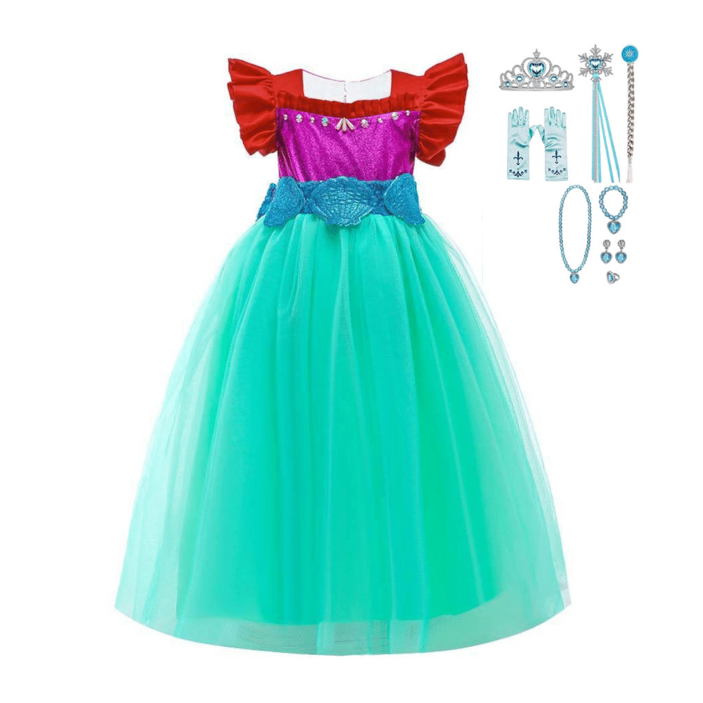 Groene ariel jurk met paarse top, rode ruchesmouwen, blauwe zeemeerminrok en bijpassende accessoires