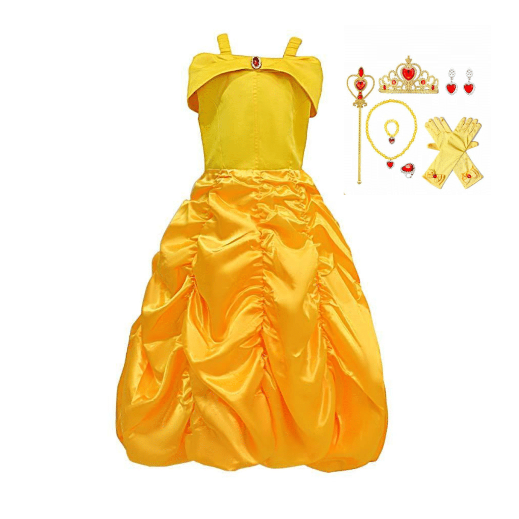 Gele Belle prinsessenjurk met glanzende geplooide rok, lange handschoenen, kroon, toverstaf en juwelen