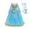 Blauwe Assepoester jurk met gouden versieringen, tiara, toverstaf, sieraden en lange handschoenen