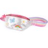 Regenboog Unicorn schoudertas met zilverkleurig tasje, rode rits en kleurrijke gestreepte schouderband.