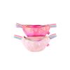 Twee roze Great Pretenders fanny packs met regenboogkleurige banden en een rits, boven elkaar op een witte achtergrond.