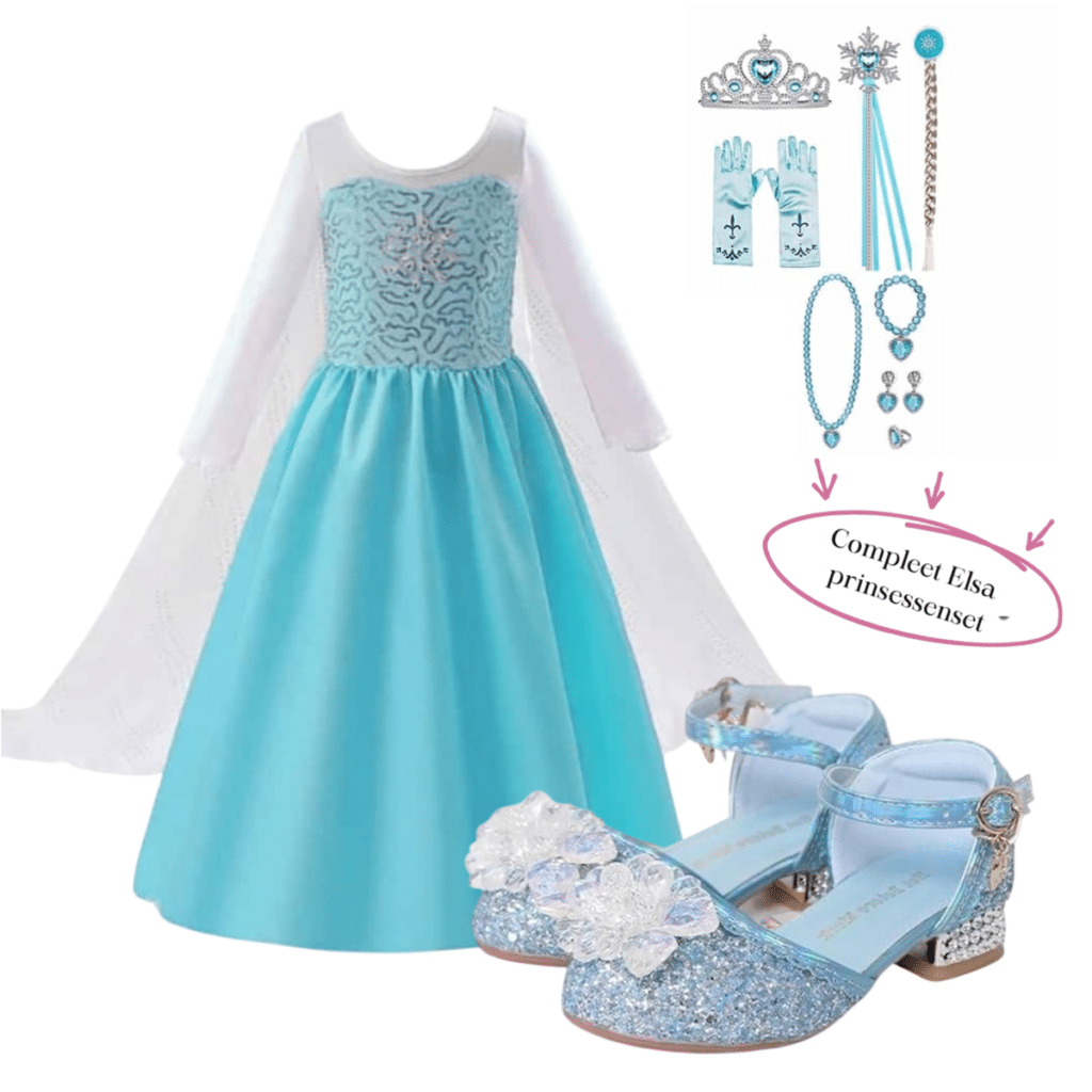 Blauw Frozen Elsa prinsessenpakket met jurk, tiara, handschoenen, accessoires en glinsterende prinsessenschoenen