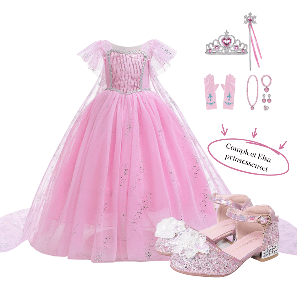 Roze Frozen Elsa prinsessenpakket met jurk en Frozen hakken, tiara, handschoenen, sieraden en toverstaf.
