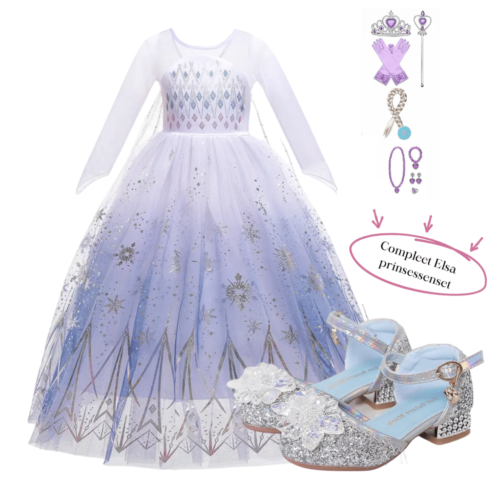 Witte Elsa prinsessenjurk met glinsterende sneeuwvlokken, bijpassende accessoires en zilveren prinsessenschoenen