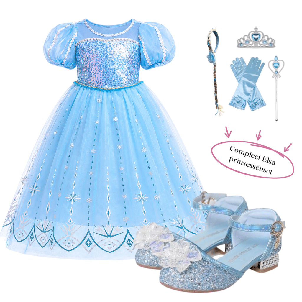 Blauwe frozen jurk met prinsessenschoenen, tiara, handschoenen, scepter en vlecht als compleet Elsa-prinsessenpakket