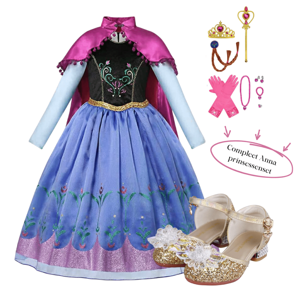 Blauwe Anna jurk uit het Frozen deluxe prinsessenpakket met roze cape, kroon, handschoenen, sieraden en gouden schoenen