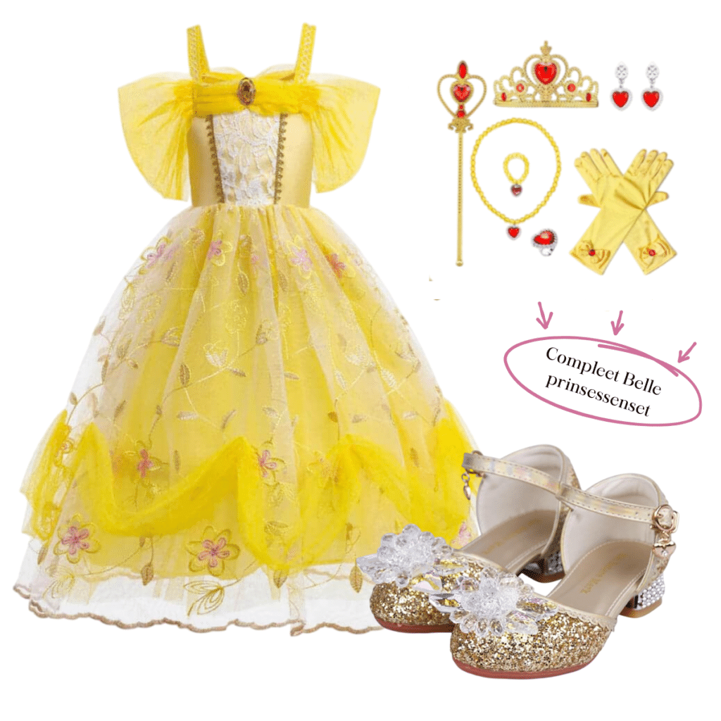 Belle prinsessenpakket met gele jurk, gouden schoenen en accessoires, uitgestald als sparkly shoes & jewels prinsessenset 10-delig