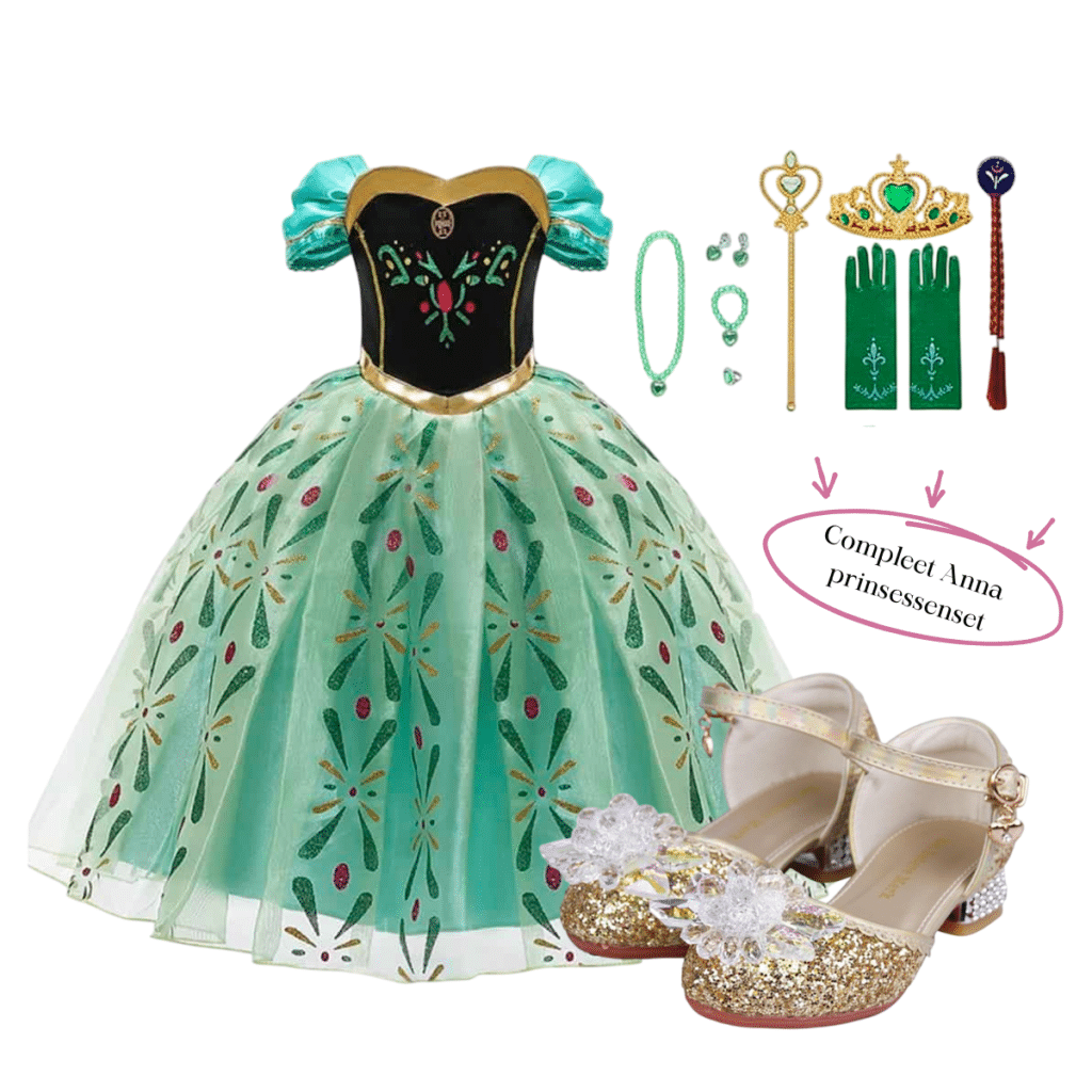 Groene Frozen jurk met zwarte top, bloemenrok, gouden prinsessenschoenen en bijpassende Anna-accessoires