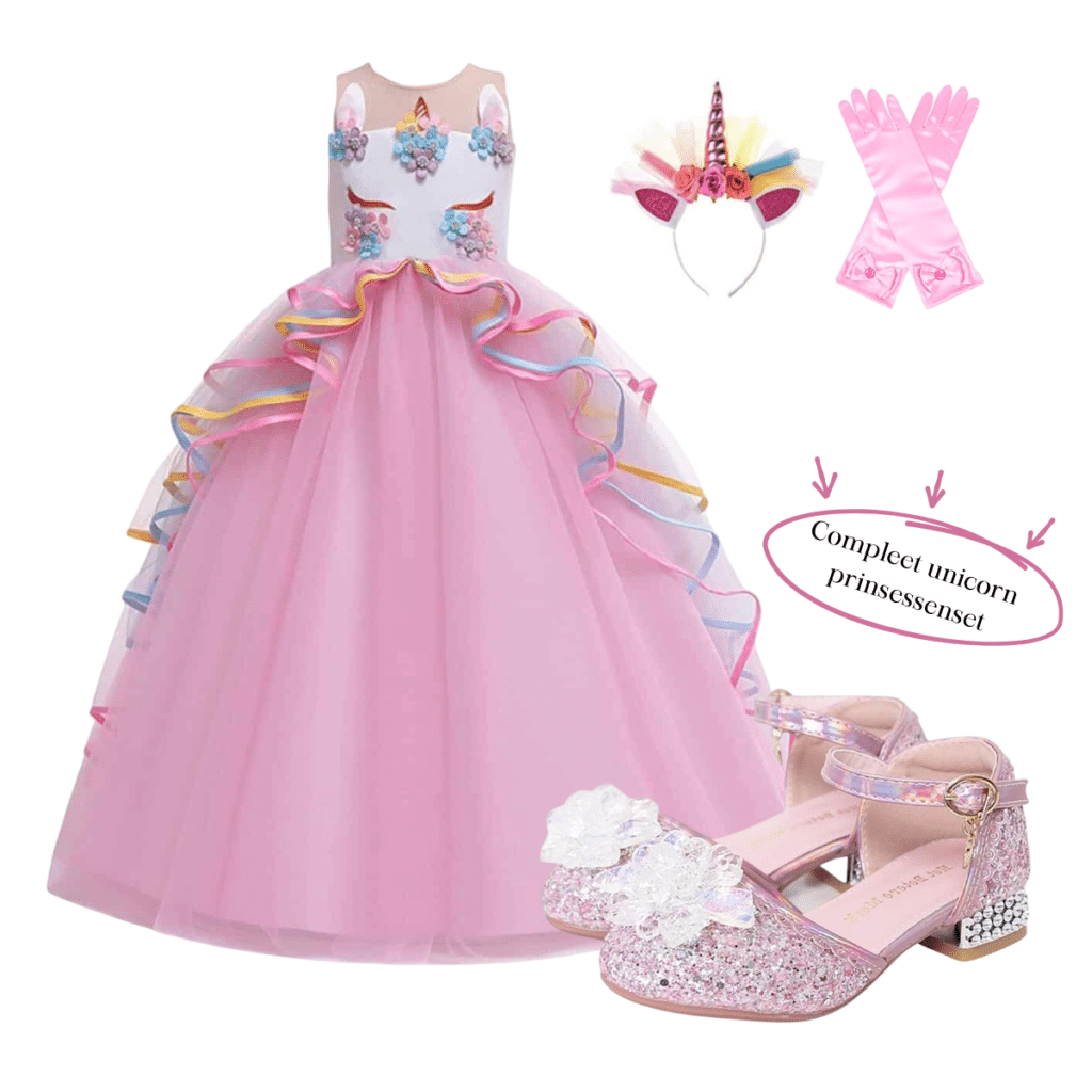 Roze Unicorn prinsessenset met lange jurk, glitterende prinsessenschoenen, eenhoornhaarband en roze handschoenen.