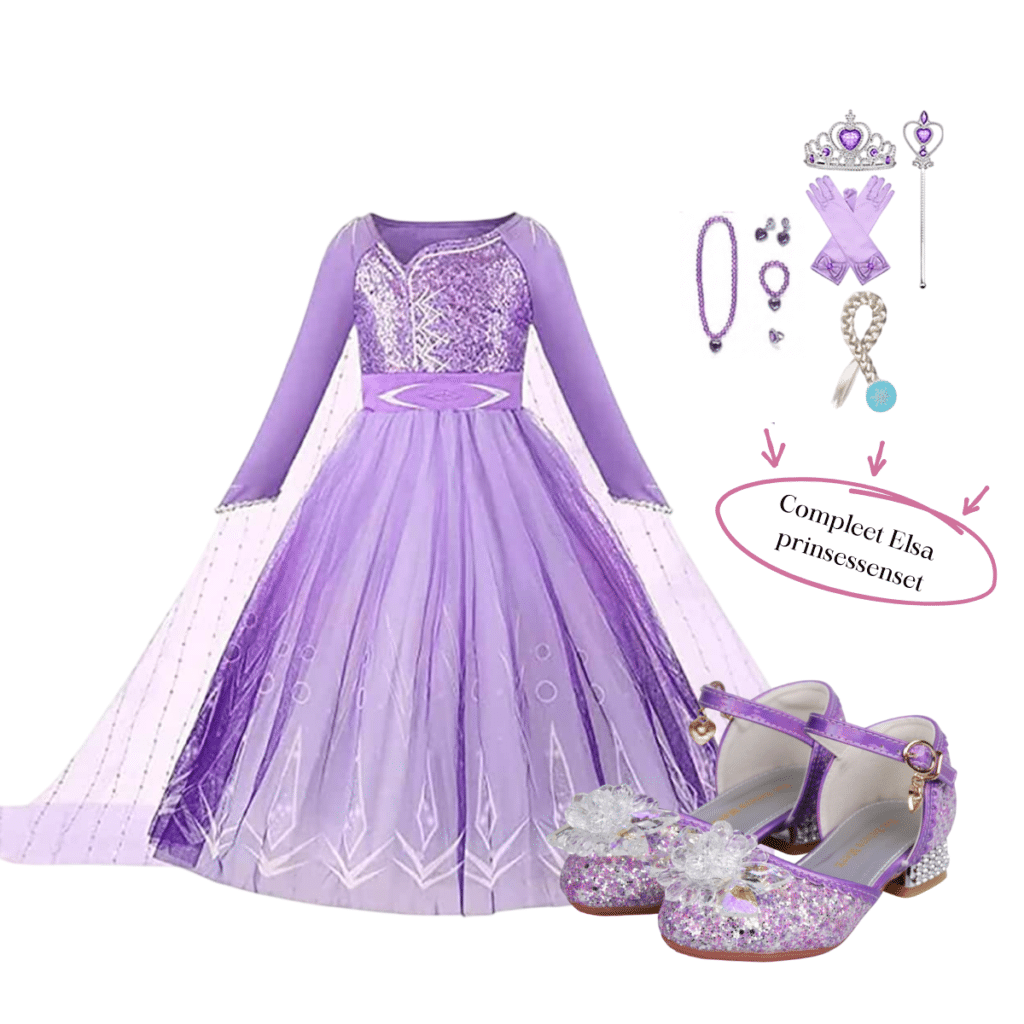 Paars Elsa prinsessenpakket met Elsa jurk, accessoires en glinsterende prinsessenschoenen
