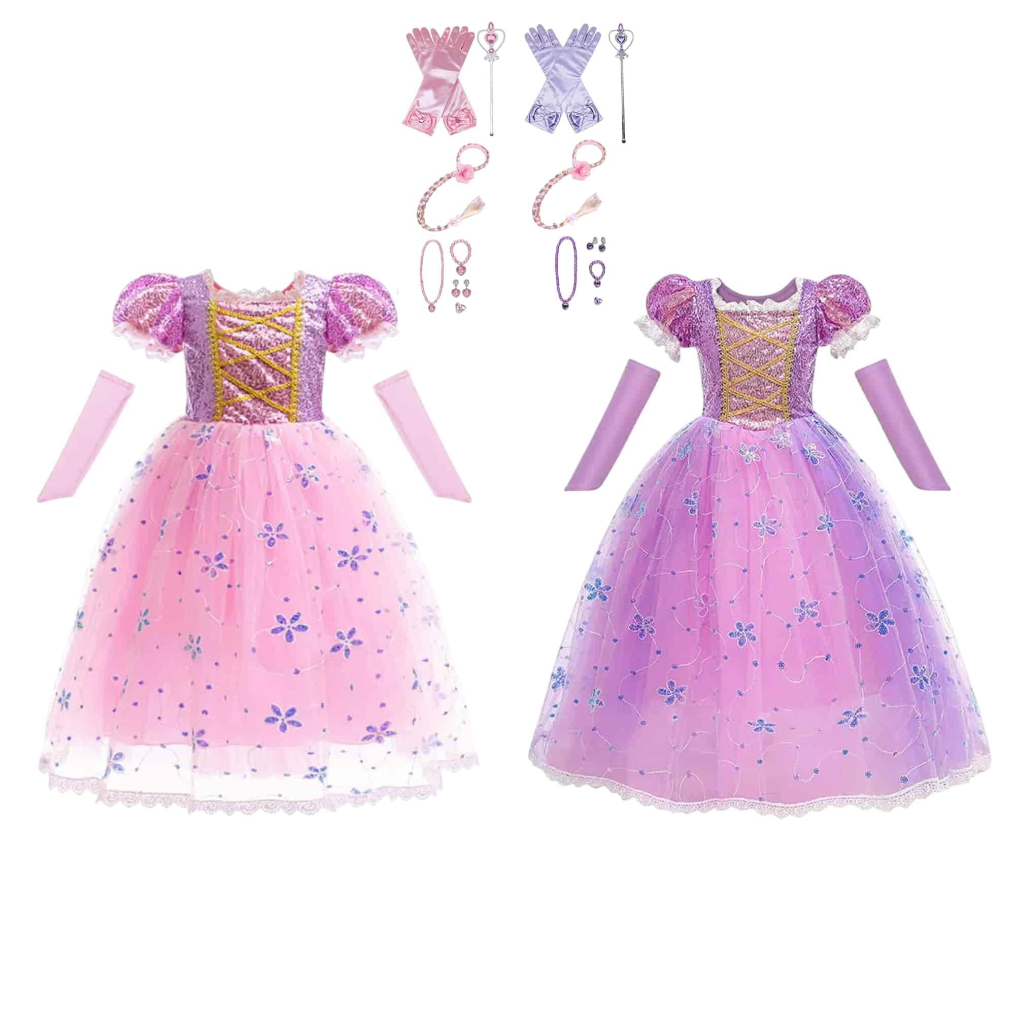Combideal met twee Rapunzel prinsessenjurken in roze en paars, inclusief handschoenen, sieraden, toverstokken en diademen van Het Betere Merk.