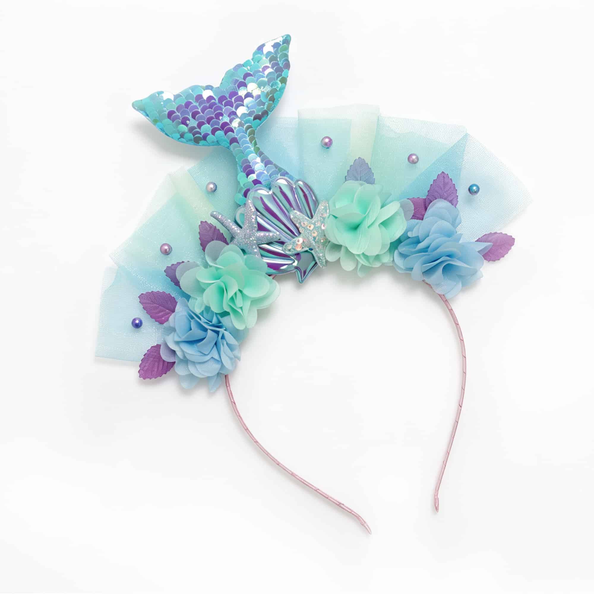 Zeemeermin diadeem met blauwe en paarse bloemen, tule en glinsterende zeemeerminstaart