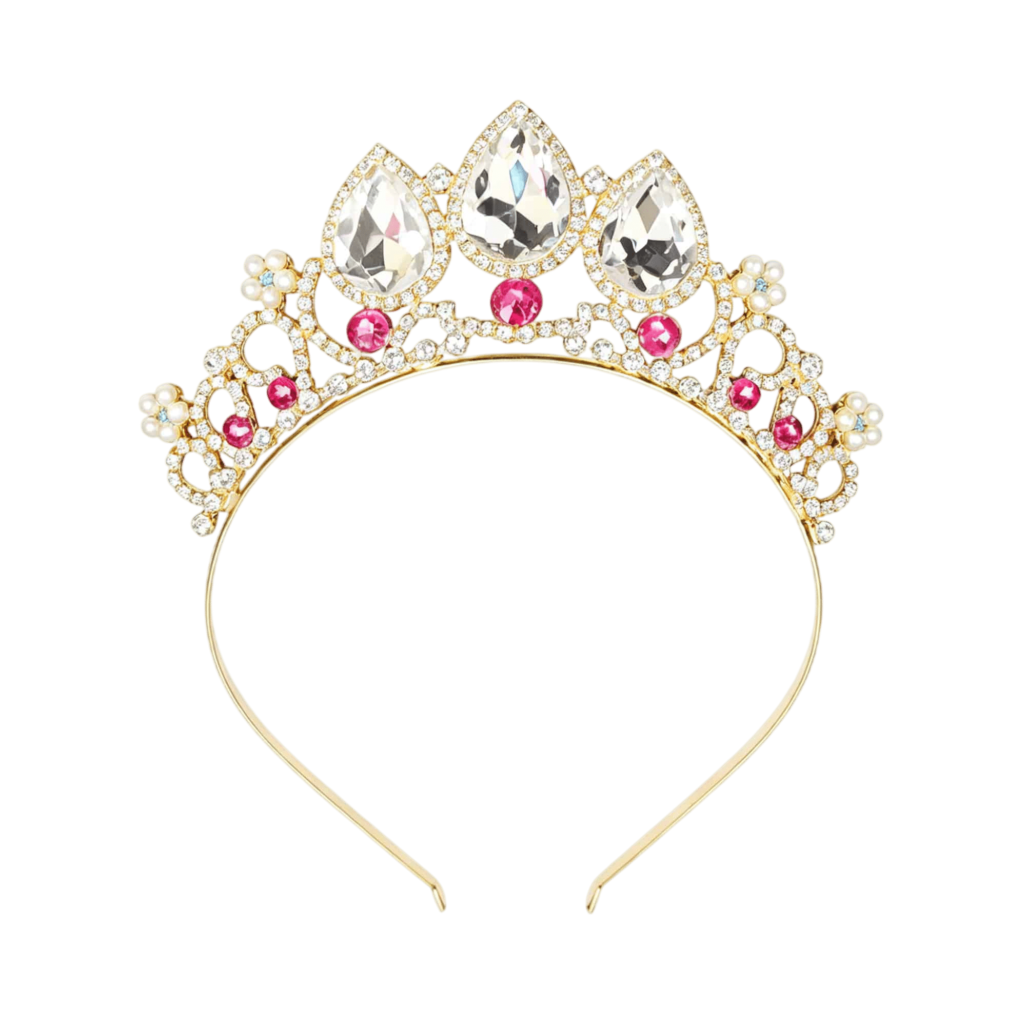 Gouden kroontje Snowflake met grote heldere stenen, roze strassstenen en kleine pareltjes op de goudkleurige band.