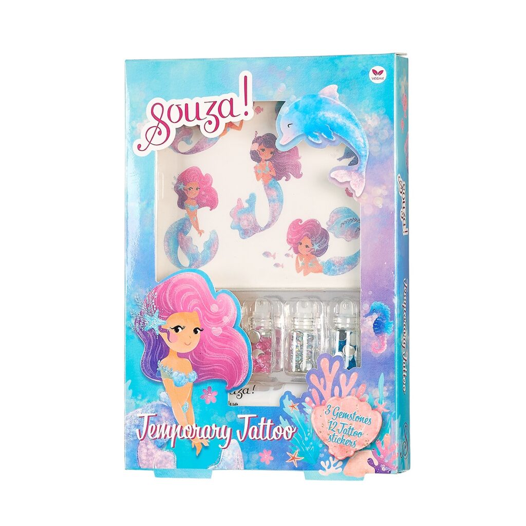 Souza Glitter Tattoos Mermaid set met zeemeermin tattoos, dolfijn, zeepaardje, 3 potjes glinsterende steentjes en lijm.