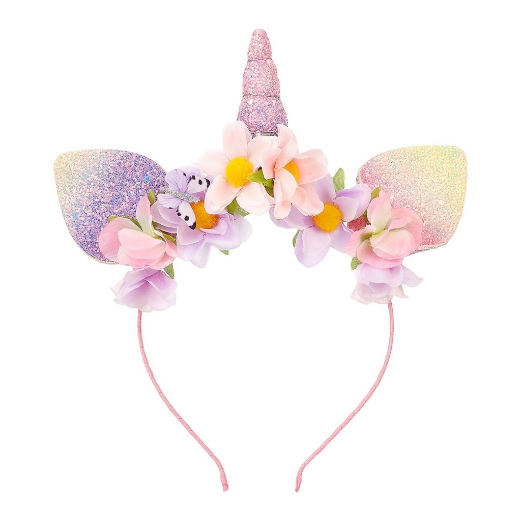 Souza eenhoorn diadeem voor kinderen met roze glitterhoorn, glinsterende pastel oortjes en bloemen in roze en lila.