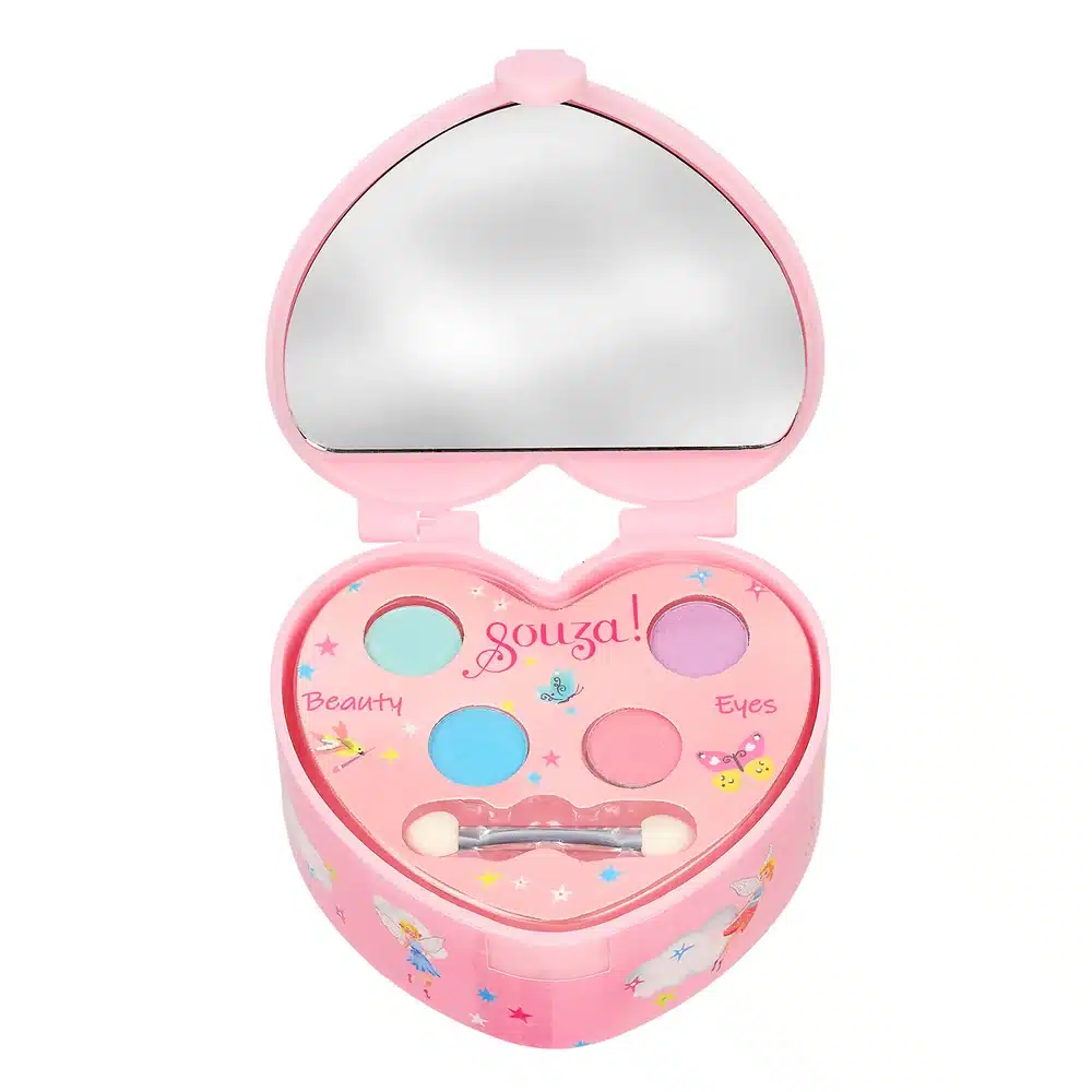 Geopende Souza kinder make-up set in hartvorm met vier kleuren oogschaduw, applicator en spiegeltje.